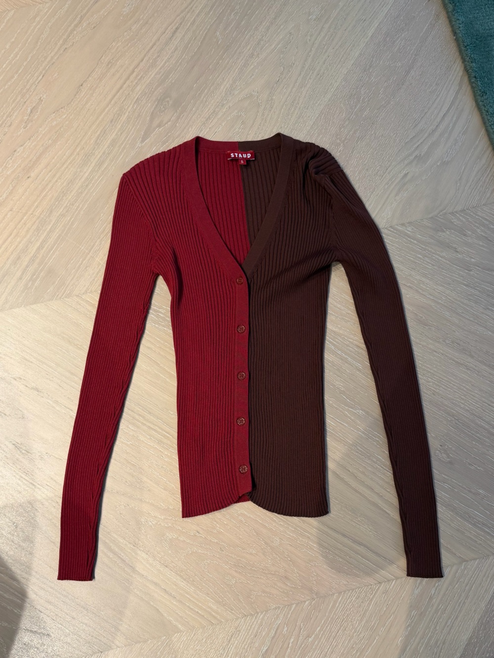 Staud barely worn Two-Tone Ribbed V-Neck Cardigan - Red & Brown